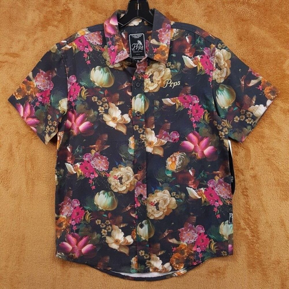 PRPS Button Shirt Mens Small Black Floral Short Sleeve GOLD FINCH $178